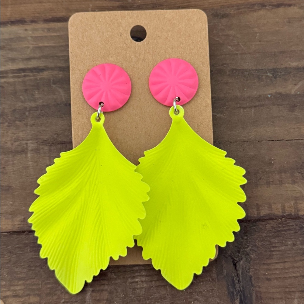 Neon Yellow Leaf Earrings with Pink Studs *3 for $20!*